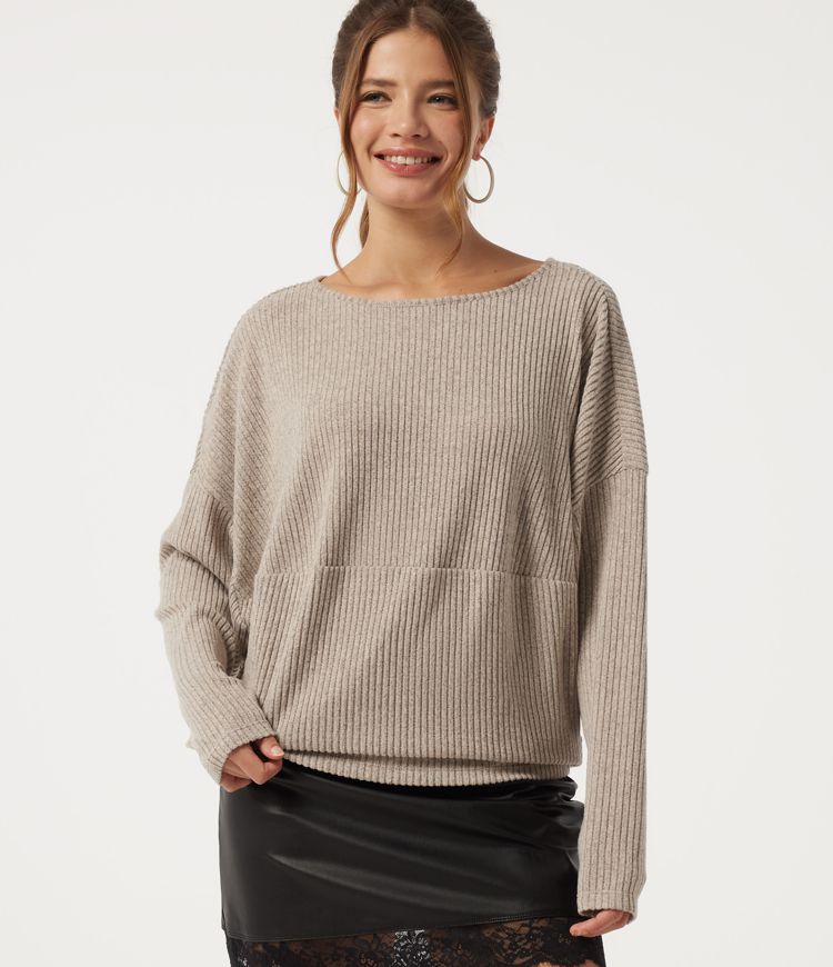 Ribbed Boat Neck Long Sleeve Casual Top