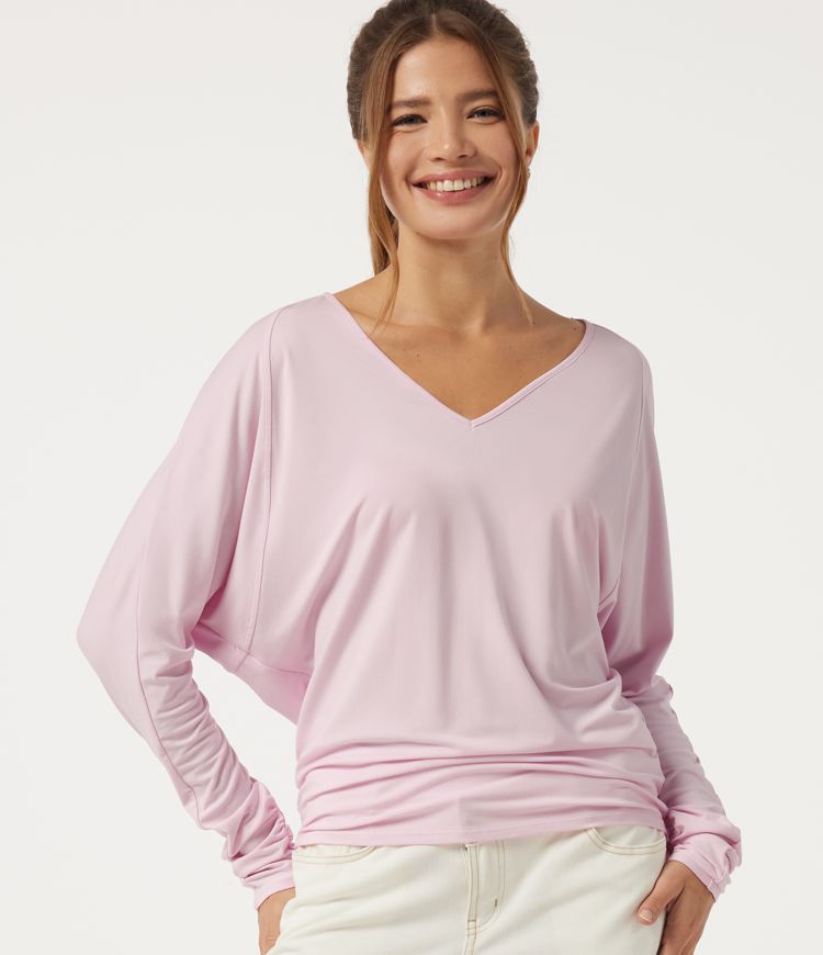 V Neck Batwing Long Sleeve Ruched Casual T-Shirt