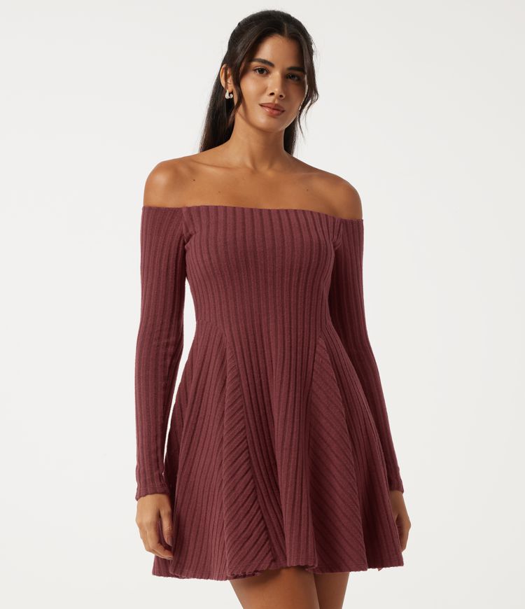 Rippenstrick schulterfreies Langarm A‑Linien Casual‑Minikleid mit integriertem BH