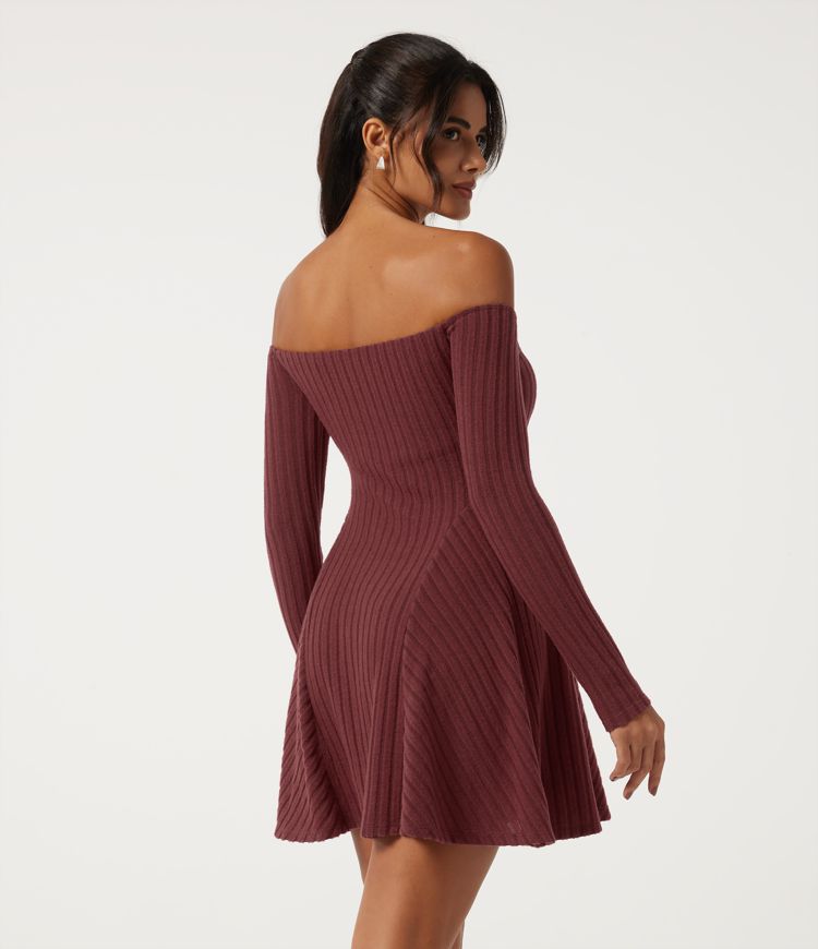 Pomegranate Ribbed Knit Off Shoulder Long Sleeve A-Line Casual Mini Dress with Built-in Bra / 2
