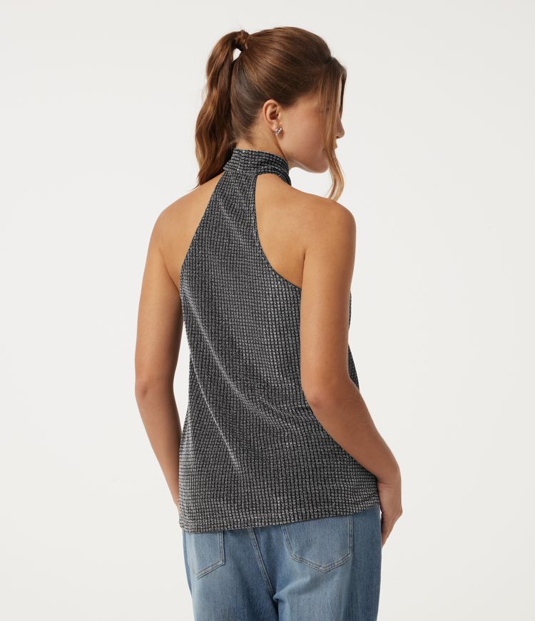 Onyx Silver Shimmer Lattice Halter Neck Sleeveless Plain Party Top / 2
