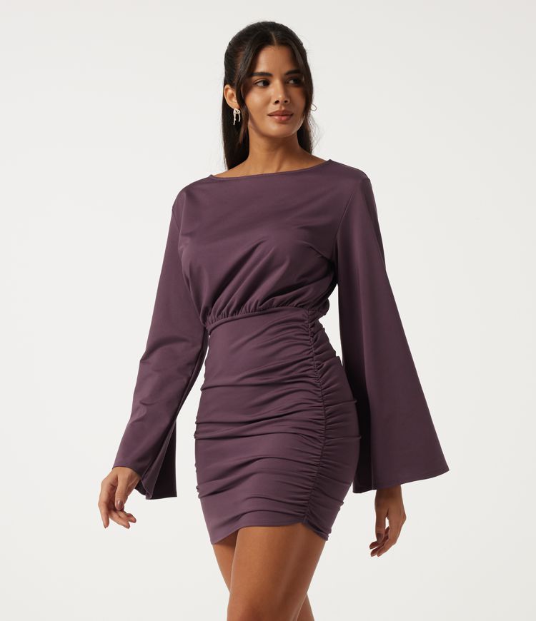 Boat Neck Bishop Long Sleeve Ruched Party Mini Dress