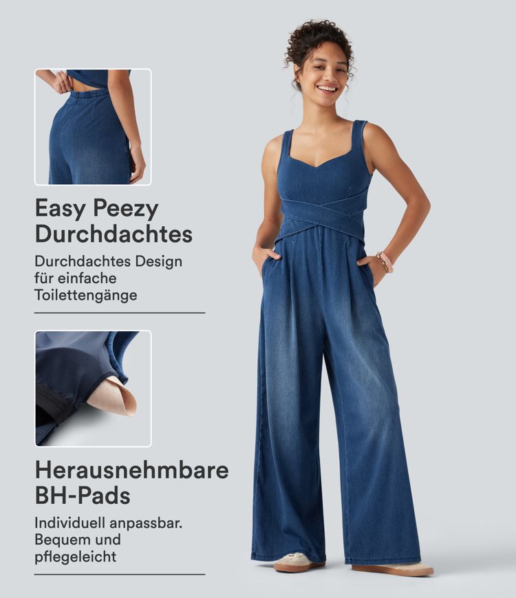 Estate Blue Denim Halara Flex™ - Lässiger Jumpsuit aus Denim mit Seitentaschen und integriertem BH - Easy Peezy Edition / 1