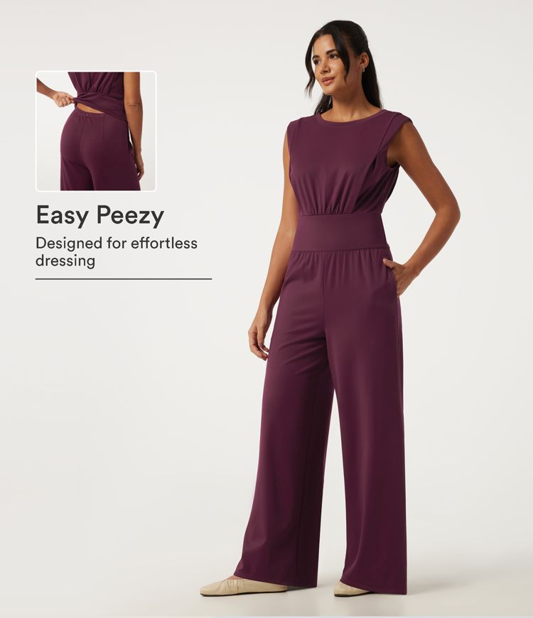 Round Neck Sleeveless Ruched Wide Leg Casual Jumpsuit with Pockets - Easy Peezy Edition
