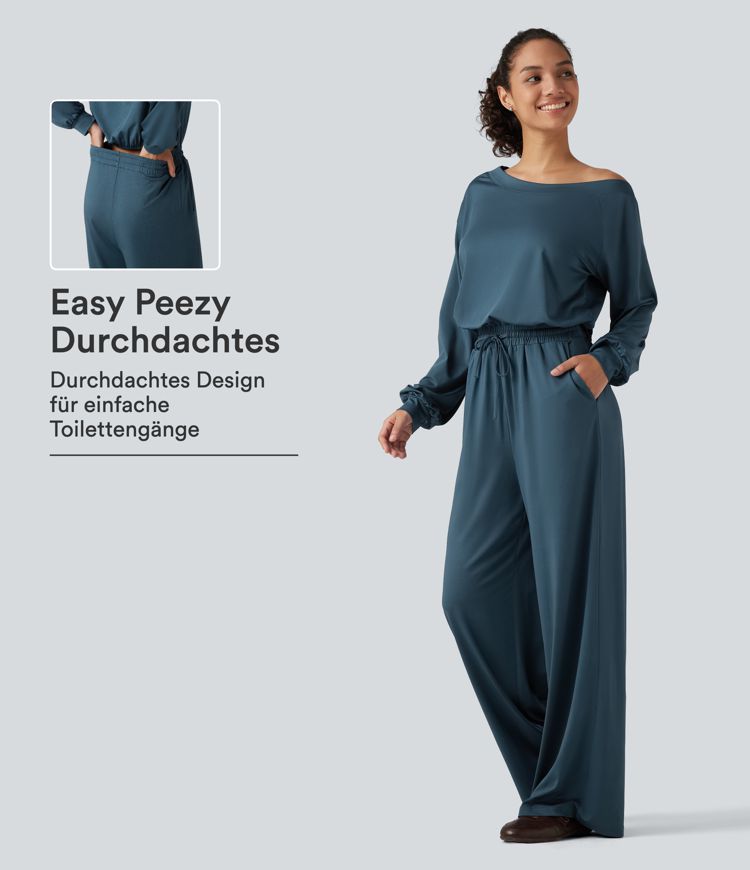 Balsam Lässiger Jumpsuit mit Seitentaschen, langen Ärmeln, Kordelzug und One-Shoulder-Design - Easy Peezy Edition / 1