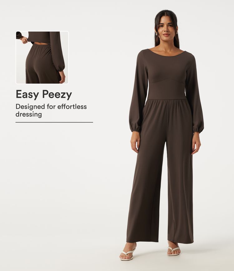 Breezeful™ Scoop Neck Long Sleeve Straight Leg Quick Dry Casual Jumpsuit with Pockets - Easy Peezy Edition