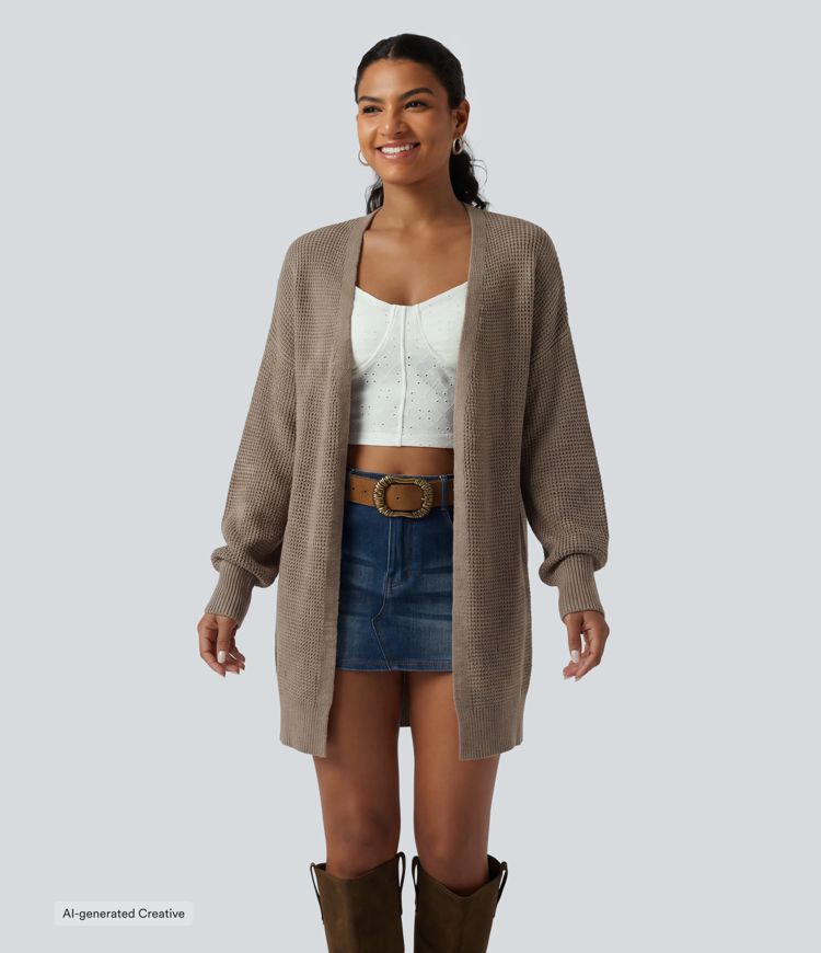 V Neck Open Front Long Sleeve Longline Casual Cardigan