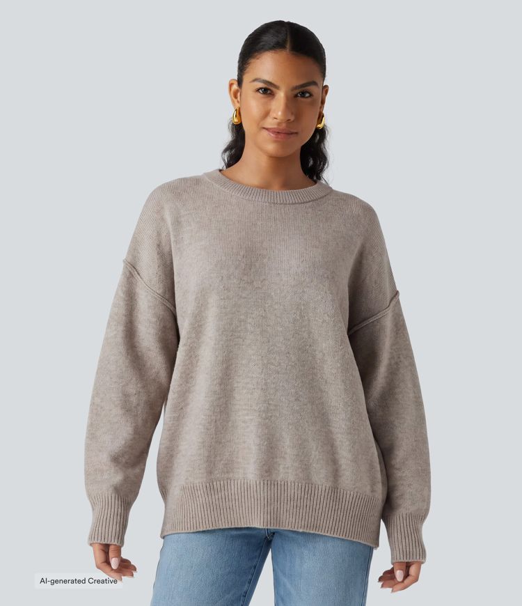 Round Neck Dropped Shoulder Long Sleeve Casual Jumper