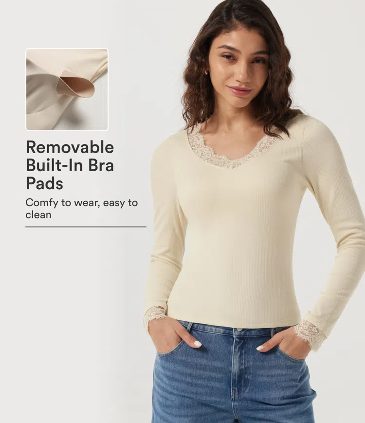 V Neck Long Sleeve Contrast Lace Casual Top with Built-in Bra 