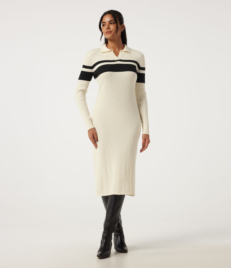 Polo Long Sleeve Stripe Midi Work Dress