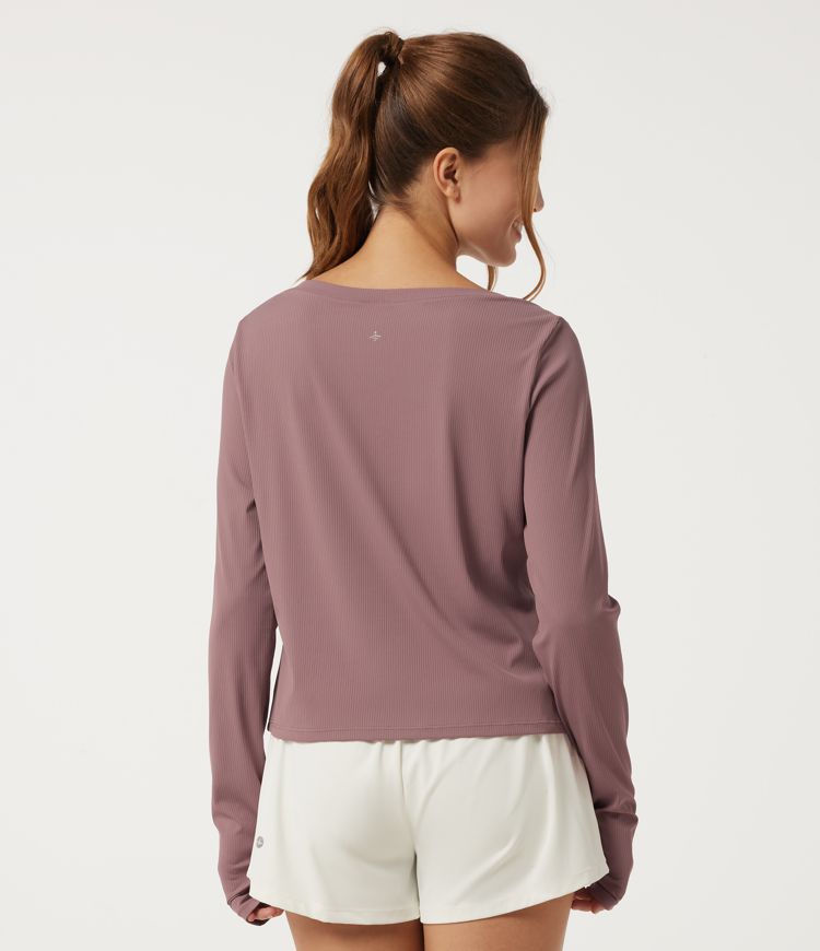 Nostalgia Rose Ribbed Knit Off Shoulder Long Sleeve Running Sports Top with Thumbholes-UPF40+ / 2