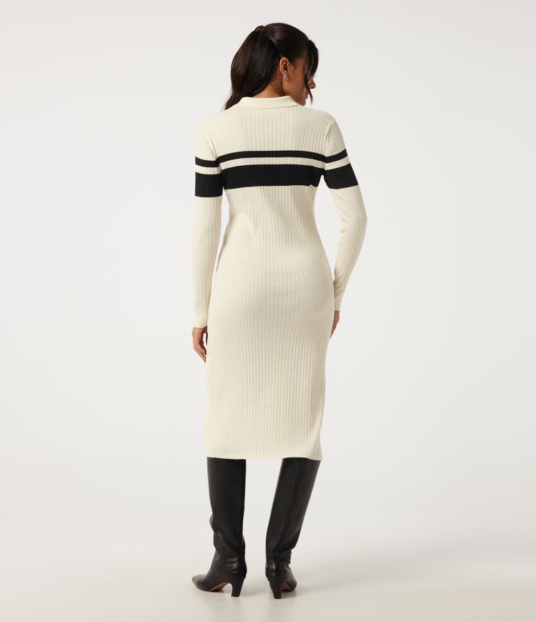 White Black Horizontal Stripe Polo Long Sleeve Stripe Midi Work Dress / 2