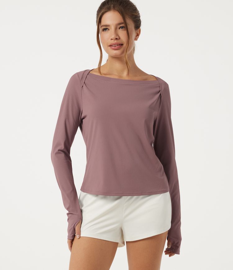 Ribbed Knit Off Shoulder Long Sleeve Running Sports Top with Thumbholes-UPF40+