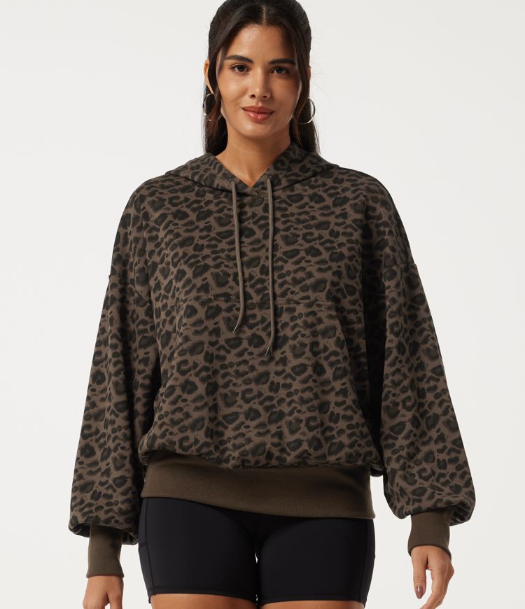 Hooded Long Sleeve Leopard Print Casual Sweatshirt with Pocket