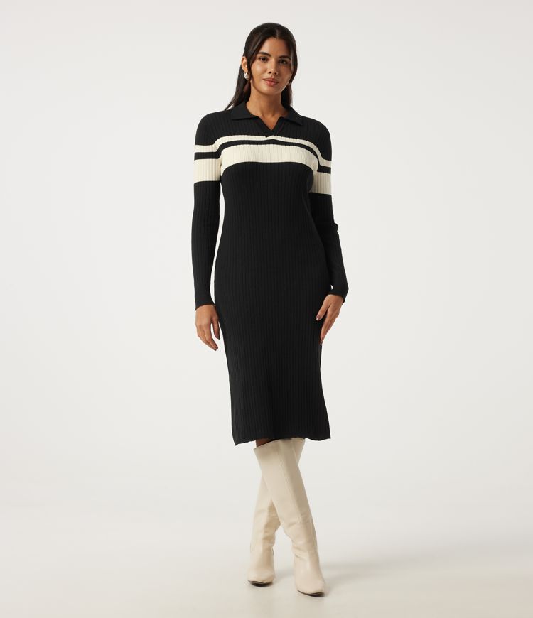 Polo-Kleid mit langen Ärmeln, gestreift, Midi – fürs Büro