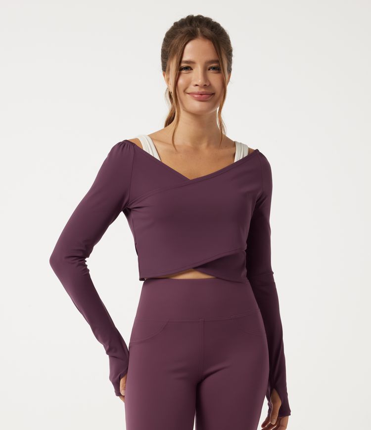 SoftlyZero™ Airy V Neck Long Sleeve Crossover Yoga Sports Top with Thumbholes