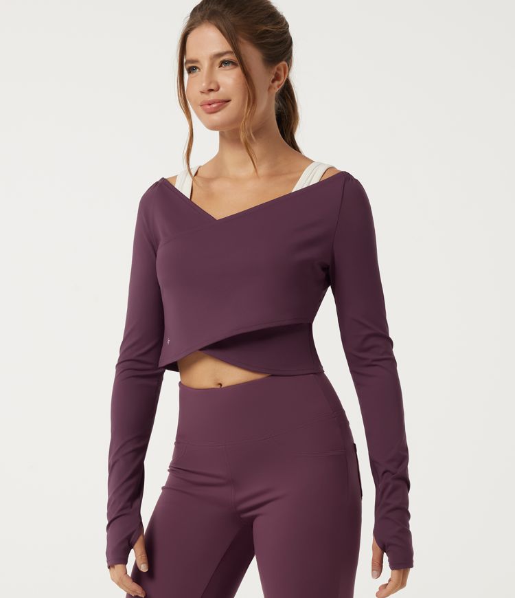 SoftlyZero™ top deportivo de yoga, ligero y transpirable, con escote en V, mangas largas, diseño cruzado y aberturas para los pulgares