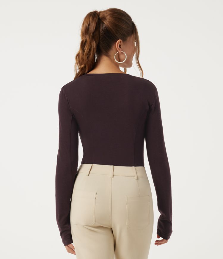 Chocolate Ribbed Sweetheart Neck Long Sleeve Casual Top / 2