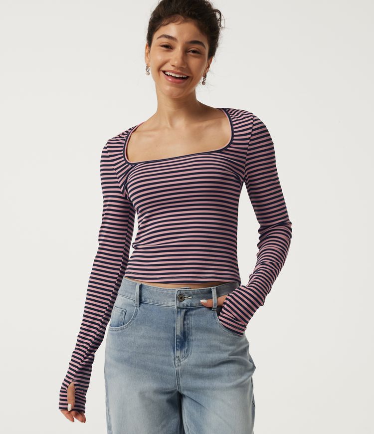 Square Neck Long Sleeve Stripe Casual T-Shirt with Thumbholes