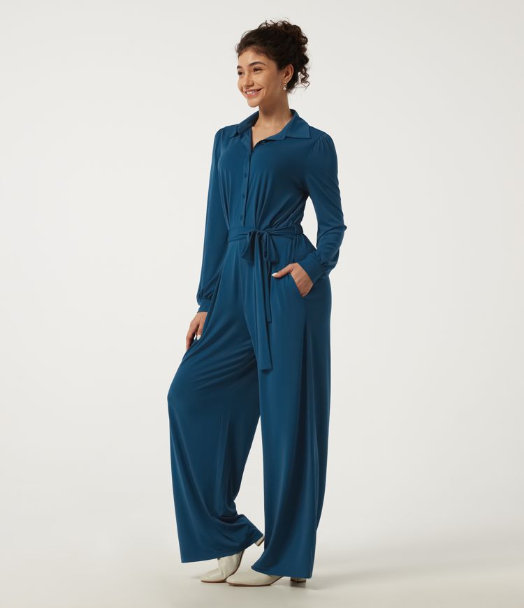 Lapel Long Sleeve Wide Leg Belted Work Jumpsuit with Pockets-Easy Peezy Edition