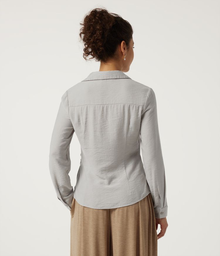 Tracing Gray Lässige Bluse mit V-Ausschnitt, langen Ärmeln, seitlichem Bindeband und asymmetrischem Schnitt / 2