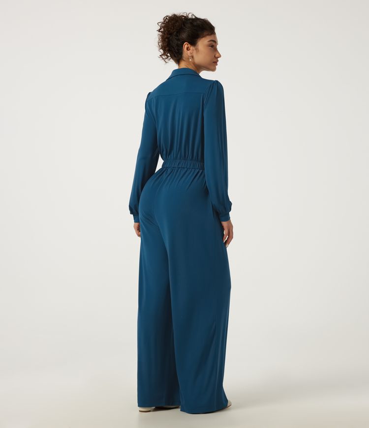 Weft Blue Lapel Long Sleeve Wide Leg Belted Work Jumpsuit with Pockets-Easy Peezy Edition / 2