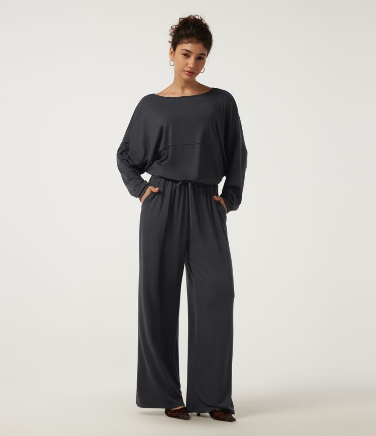 Boat Neck Long Sleeve Wide Leg Casual Jumpsuit with Pockets-Easy Peezy Edition