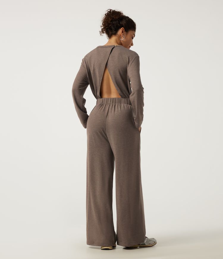 Leafless Tree Boat Neck Long Sleeve Wide Leg Cut Out Casual Jumpsuits with Pockets-Easy Peezy Edition / 2
