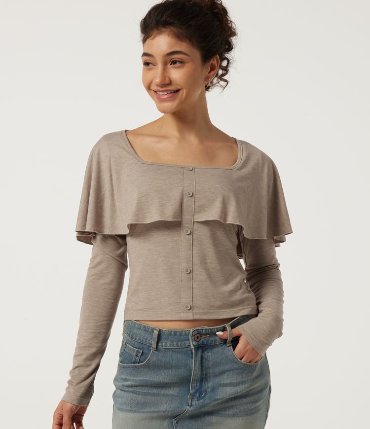 Square Neck Long Sleeve Casual T-Shirt