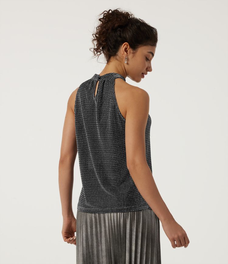 Onyx Silver Shimmer Lattice Halter Neck Sleeveless Boxy Party Top / 2