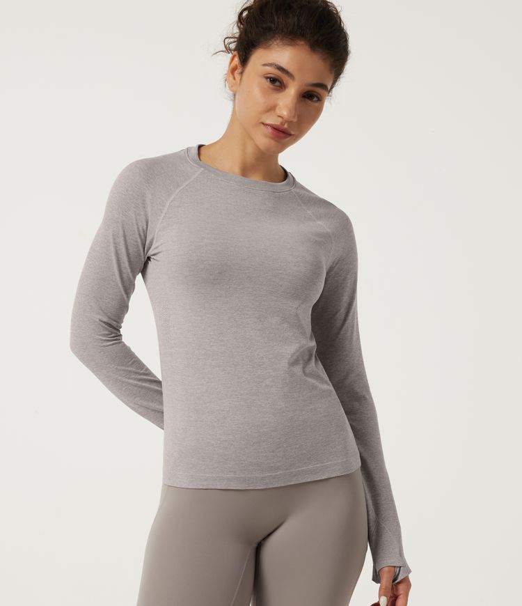 Round Neck Raglan Long Sleeve Casual Sports Top with Thumbholes