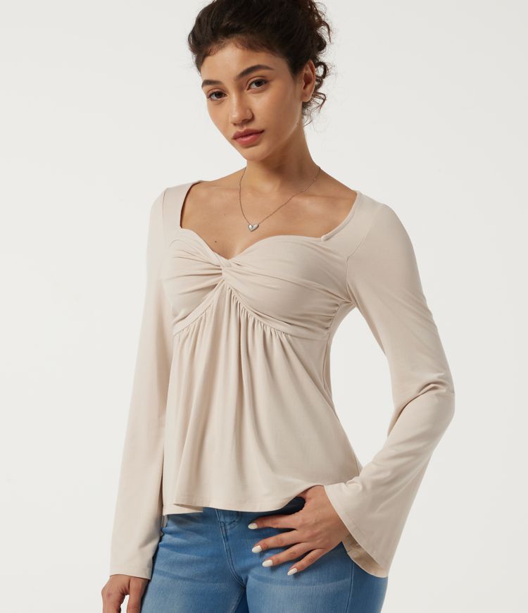 Sweetheart Neck Long Sleeve Casual T-Shirt
