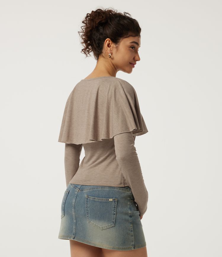 Gilded Beige Square Neck Long Sleeve Casual T-Shirt / 2