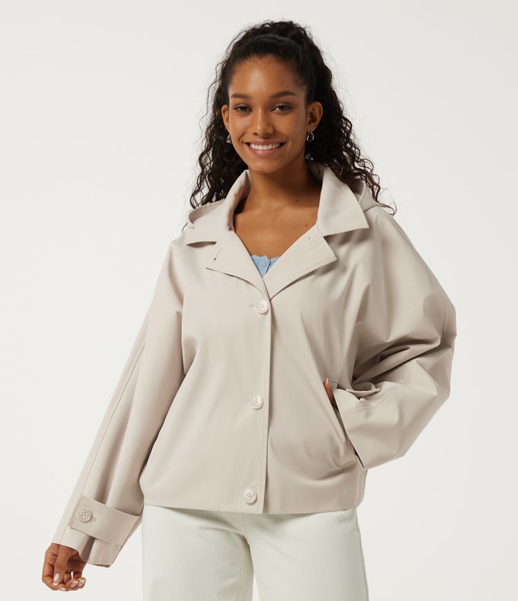 Lapel Collar Long Sleeve Plain Work Trench Coat Jacket with Pockets