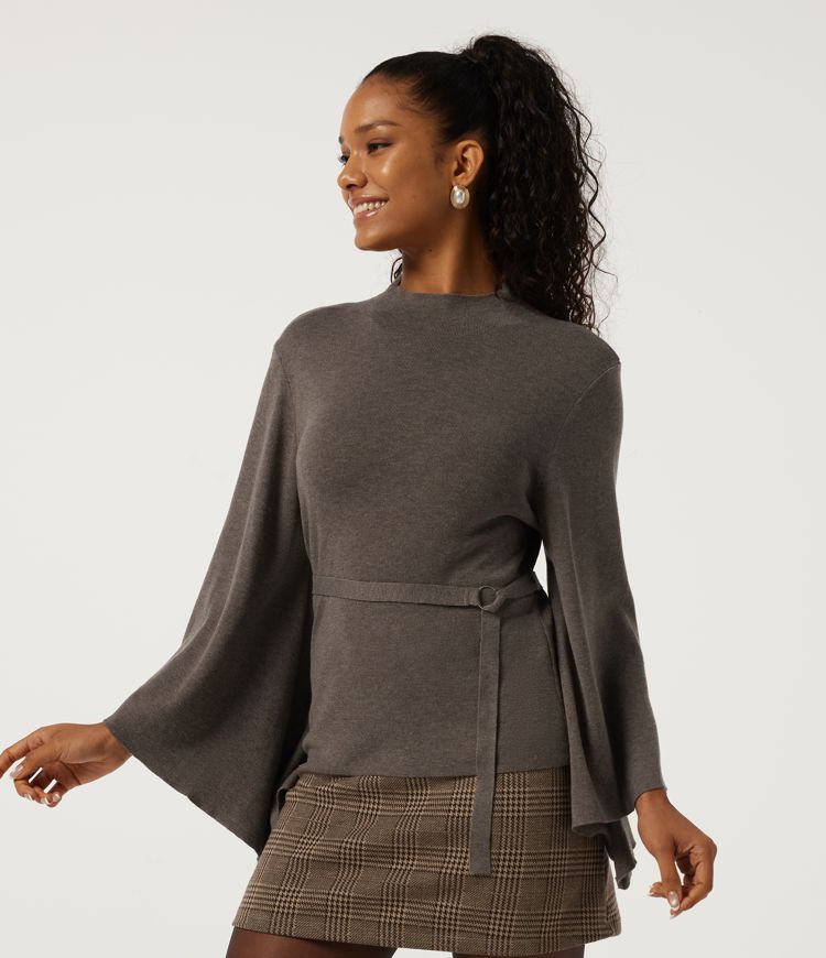 Mock Neck Batwing Long Sleeve Belted Casual Sweater
