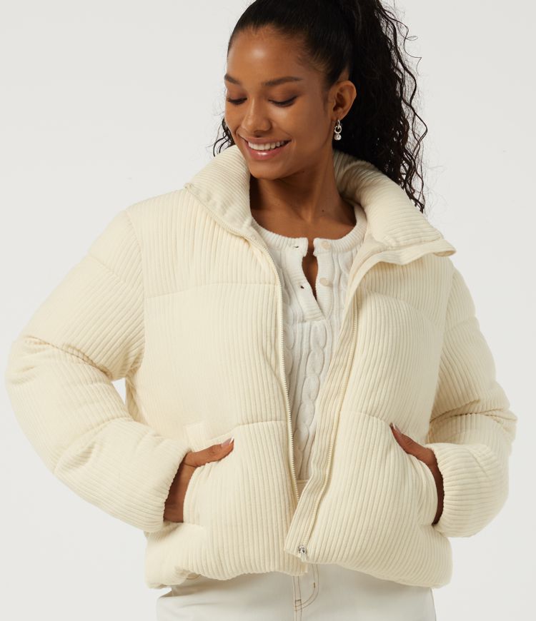 Stand Collar Long Sleeve Puffer Casual Padded Jacket with Pockets