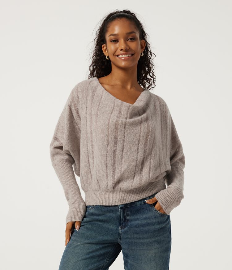 Oatstone Beige Cowl Neck Batwing Long Sleeve Work Sweater / 1