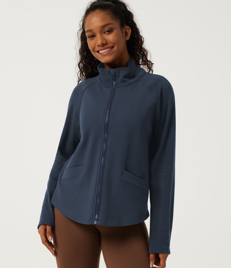 Stand Collar Long Sleeve Waffle Casual Jacket with Pockets