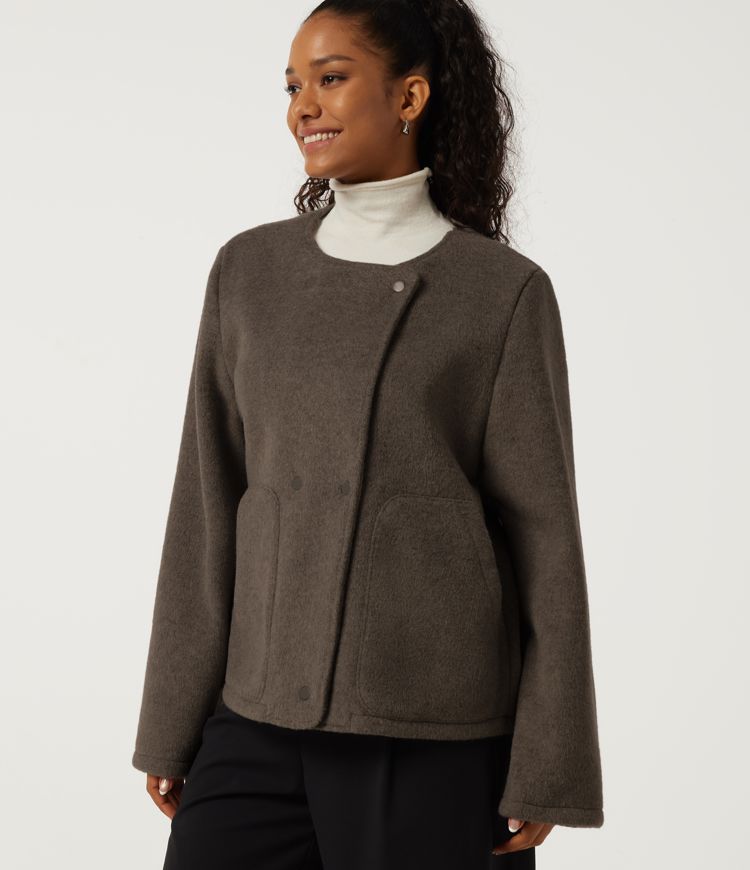 Round Neck Long Sleeve Work Jacket with Pockets