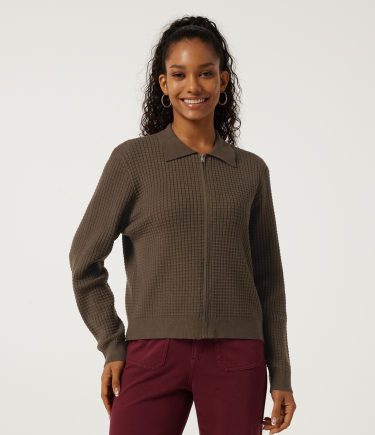 Lapel Collar Long Sleeve Waffle Casual Cardigan