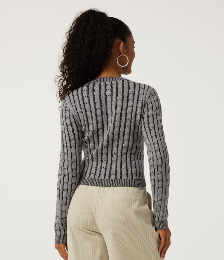 Stone Cable Knit Round Neck Long Sleeve Stripe Casual Sweater / 2