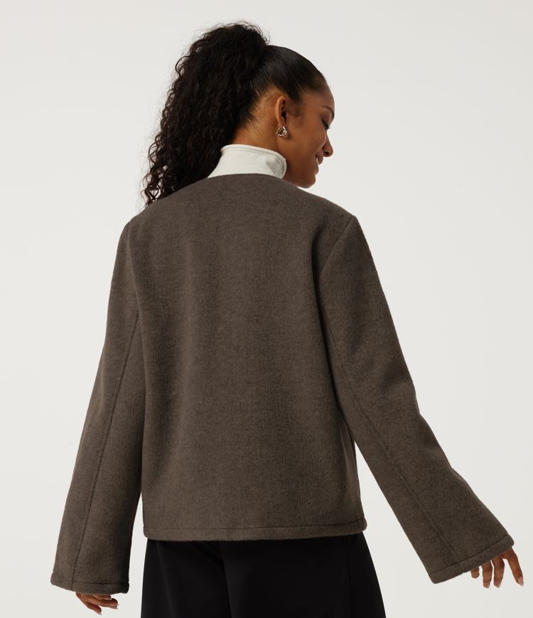 Dark Earthy Brown Round Neck Long Sleeve Work Jacket with Pockets / 2