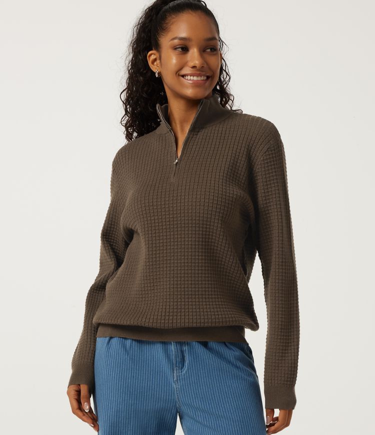 Stand Collar Long Sleeve Waffle Casual Sweater
