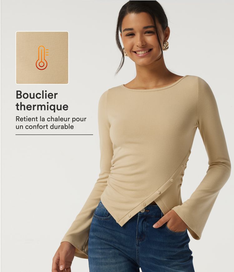 Brown Rice Haut thermique décontracté asymétrique à col bateau avec manches longues et volants. / 1