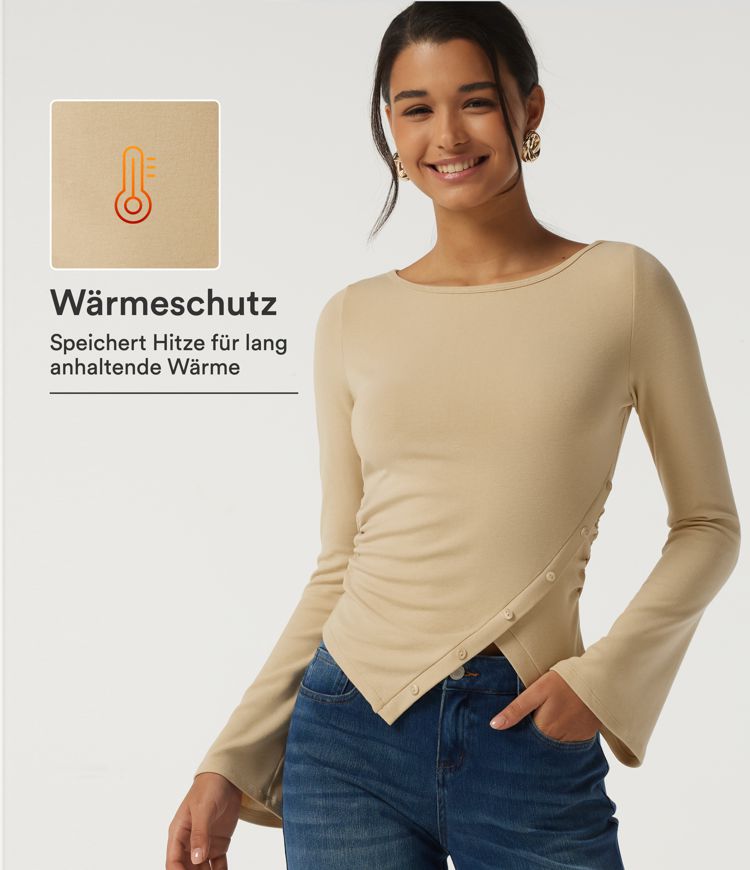 Brown Rice Lässiges, gerafftes Thermo-Top mit U-Boot-Ausschnitt, langen Volantärmeln und asymmetrischem Design / 1