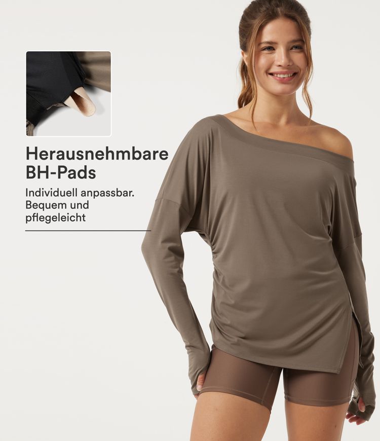 Yoga-Sport-Top mit langen Ärmeln, Daumenlöchern, integriertem BH und One-Shoulder-Design - schnelltrocknend