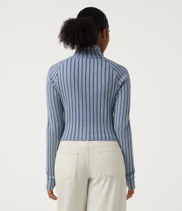 Soft Chambray Mock Neck Long Sleeve Stripe Casual Cardigan / 2
