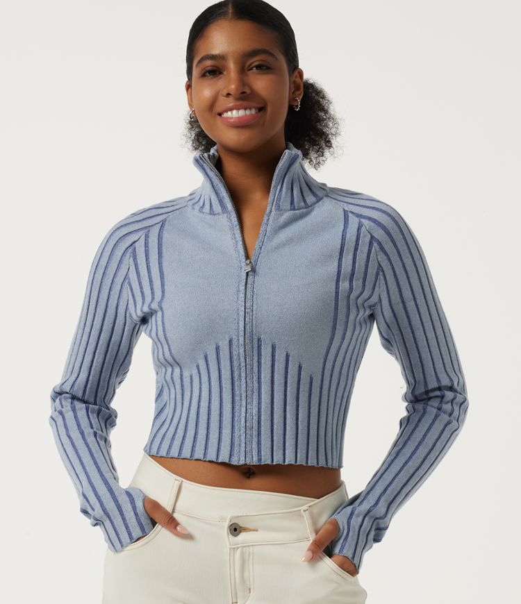 Mock Neck Long Sleeve Stripe Casual Cardigan