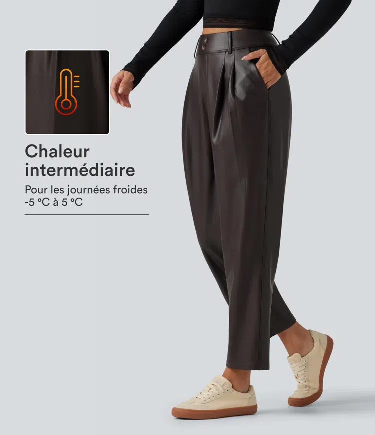 Pantalon en simili stretch doublé polaire taille haute coupe fuselée avec poches
