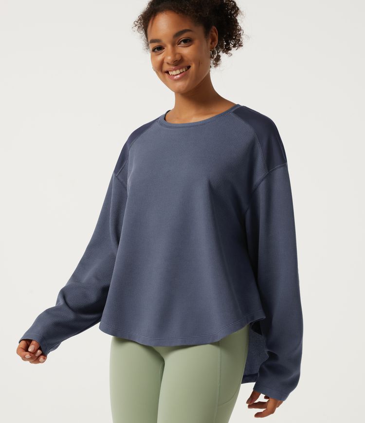 Round Neck Long Sleeve Waffle Color Block Casual Sweatshirt